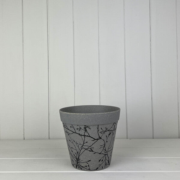 Earthy Warm Grey Straw Flower Pot With Silhouette Branch Design