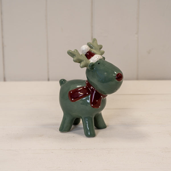 Dark Green/White Ceramic Reindeer Decoration