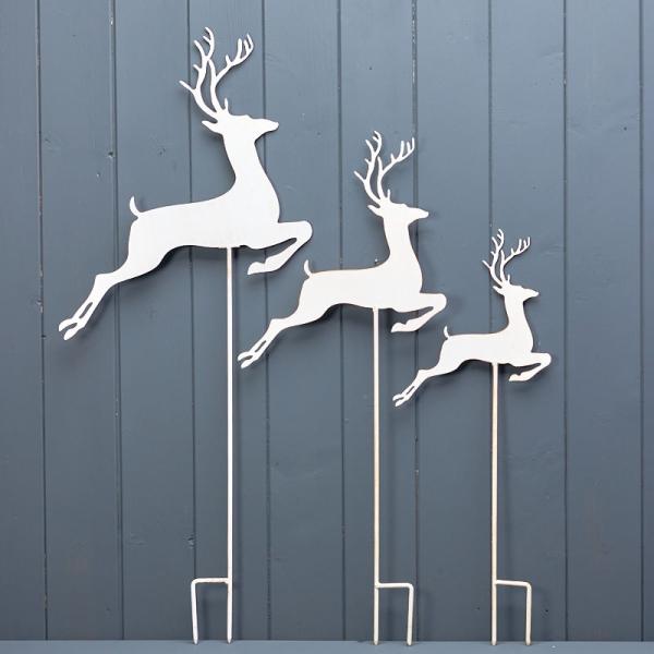 Set of 3 White Metal Reindeers on Stake