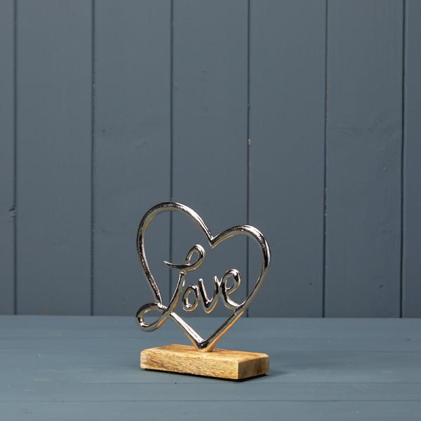 Silver Heart With Love On Wooden Base