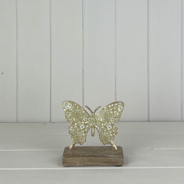 Light Green Metal Butterfly on Wooden Base