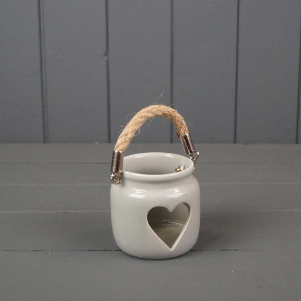 Grey Porcelain Heart Tealight Holder with Rope Handle