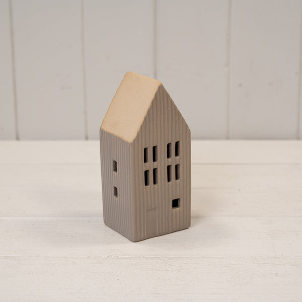 Small Taupe Ribbed Ceramic LED House with Sand Roof