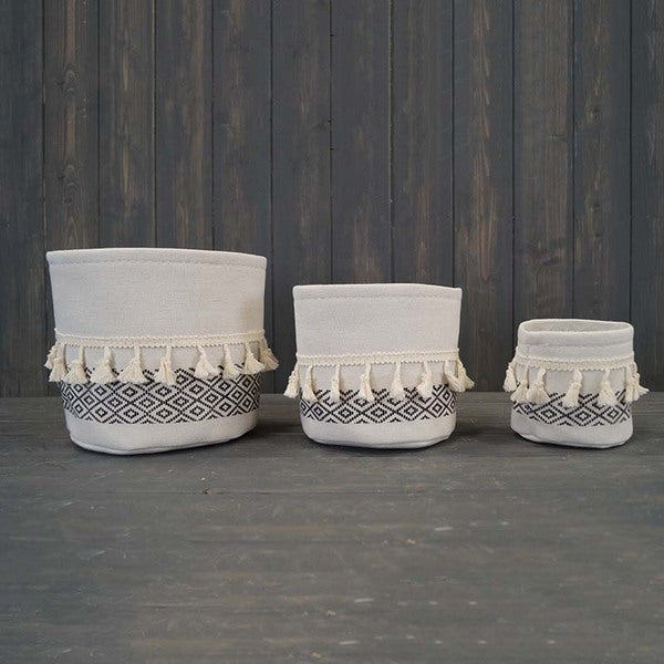 Cylinder White and Black Cotton Planter with Tassels