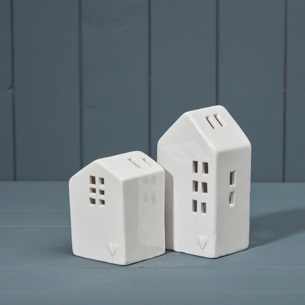 White Ceramic Tealight House with Heart Decal