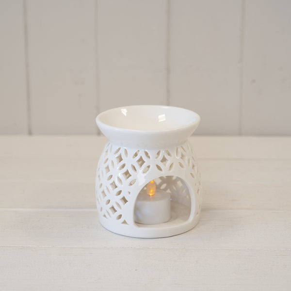 White Ceramic Glazed Oil Burner with Cut Out Detail