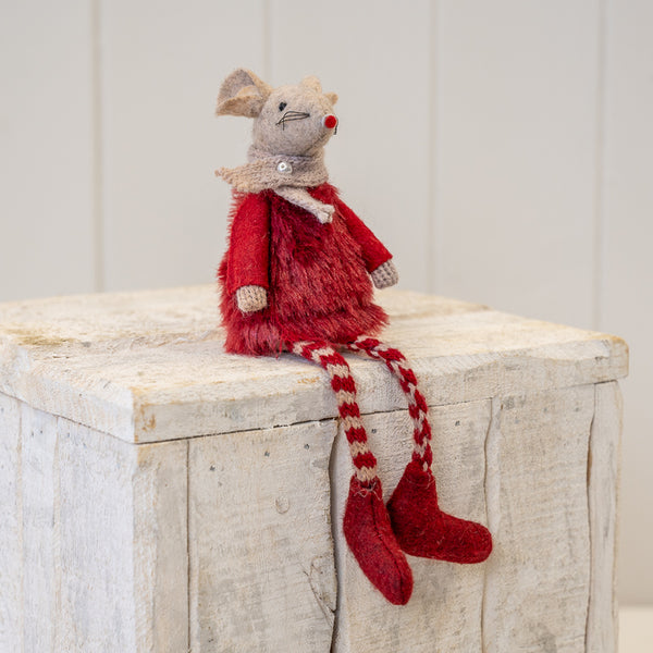 Fabric Sitting Mouse In Winter Outfit in Red