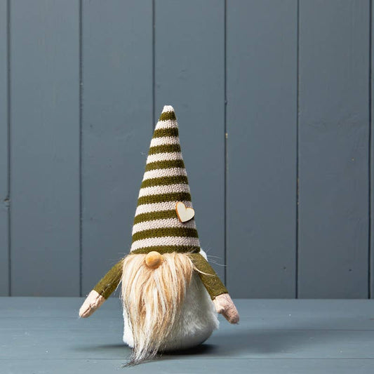 Olive Green And White Stripey Hat Gonk With Heart Detail