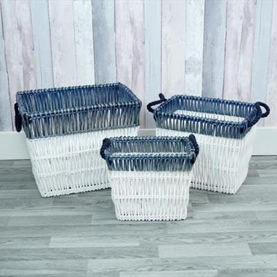 White and Blue Wicker Baskets - Set of 3