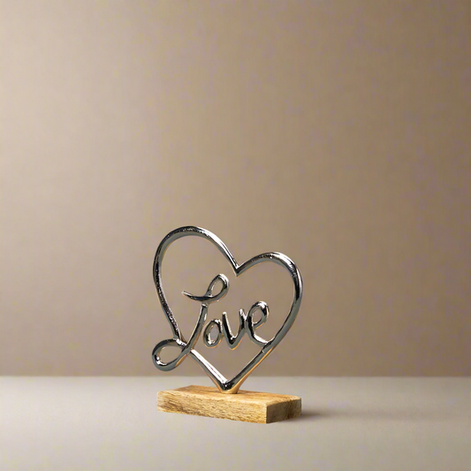 Silver Heart With Love On Wooden Base