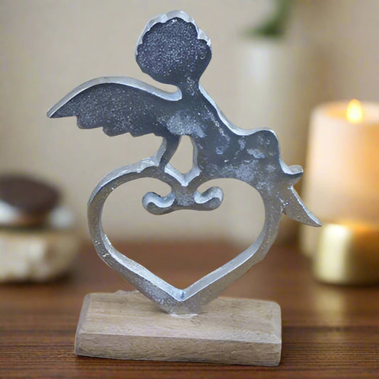 Aluminium Heart and Angel on Wooden Base