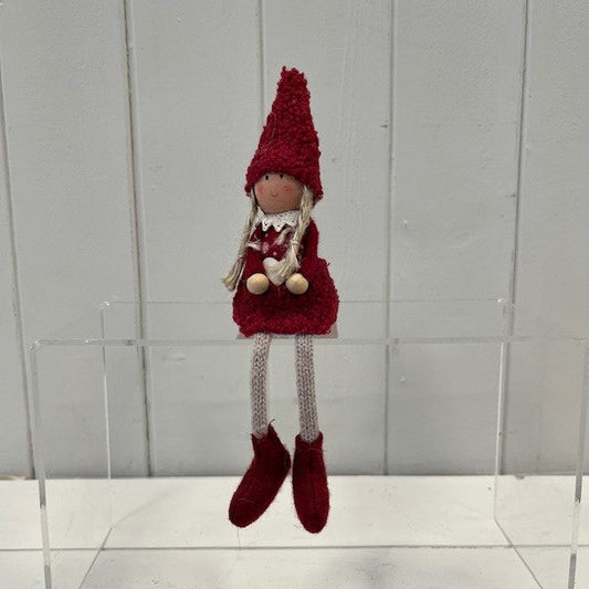 Red Boucle Sitting Doll With Wooden Heart