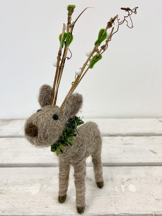 Small Wool Reindeer with Christmas Wreath Collar