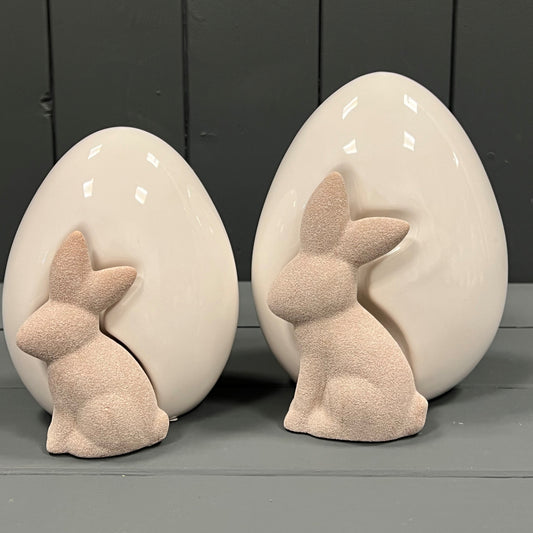 Ceramic White Egg with Rabbit Ornament