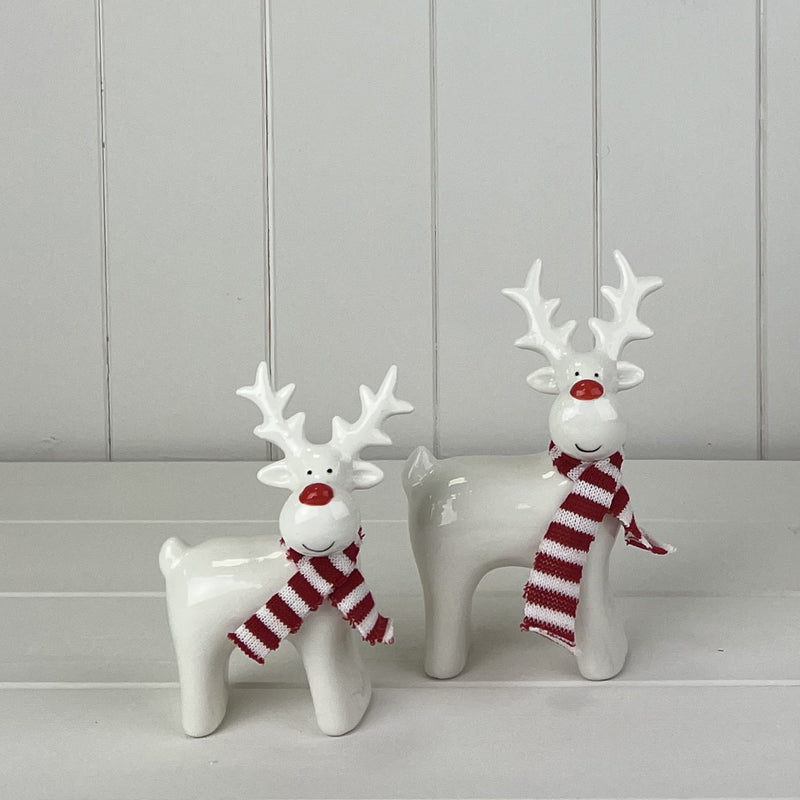 White Ceramic Reindeer Ornament With Knitted Scarf