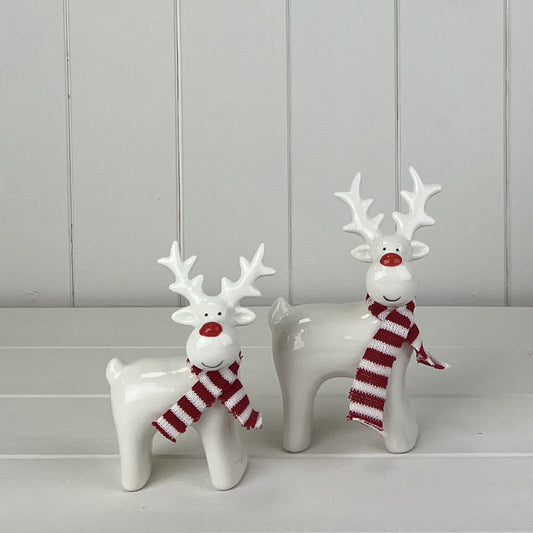 White Ceramic Reindeer Ornament With Knitted Scarf