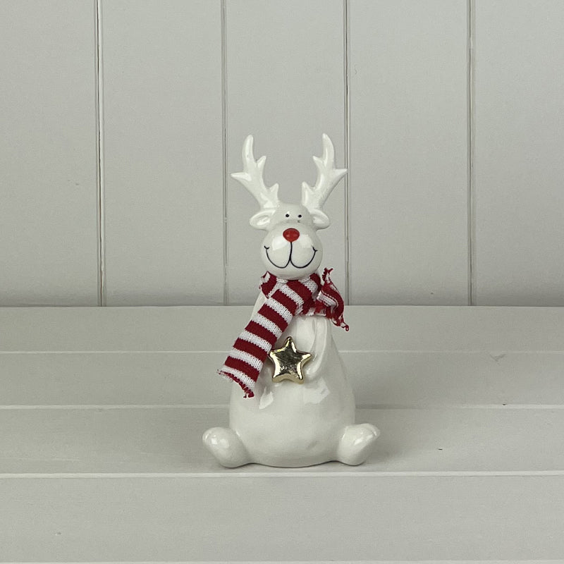 White Ceramic Reindeer Ornament With Knitted Scarf