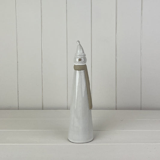 Glazed Ceramic Tall Snowman Ornament With Textured Detail