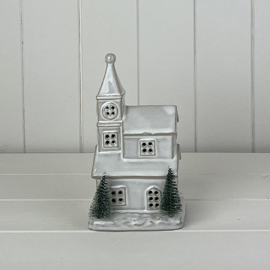 Glazed Ceramic Church Ornament with Textured Detail and LED