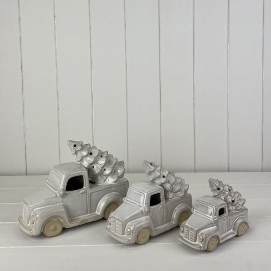 Glazed Ceramic Christmas Tree Truck Ornament With LED
