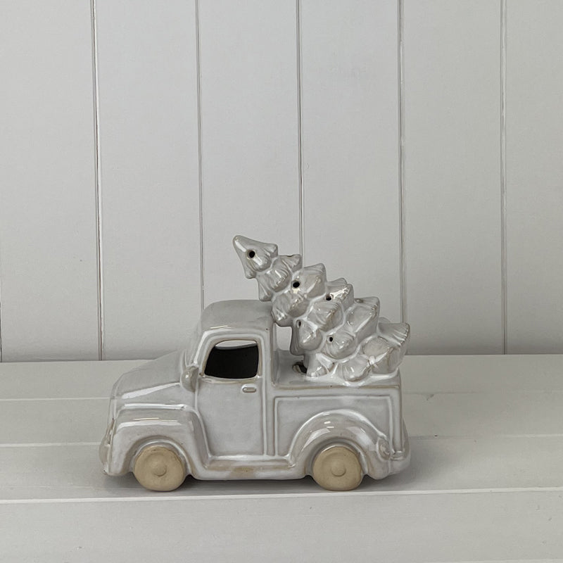 Glazed Ceramic Car Carrying Christmas Tree Ornament with Textured Detail and LED