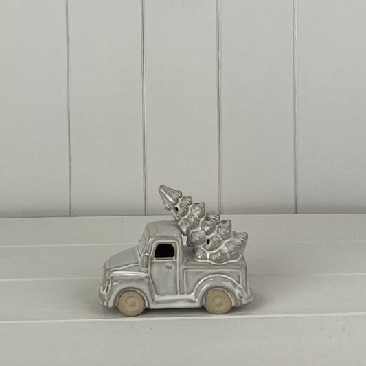 Glazed Ceramic Car Carrying Tree Ornament with Textured Detail and LED