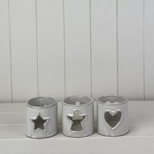 Glazed Ceramic Tealight Holder With Heart/Star Cut-Out Detail