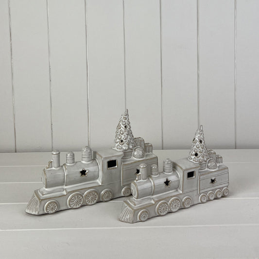 Glazed Ceramic Train Ornament With Textured Detail And LED