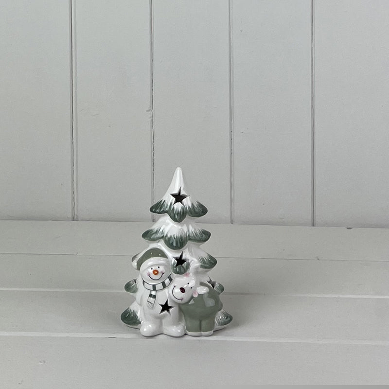 Green/White Ceramic Tree with Snowman and Reindeer Decoration with LED