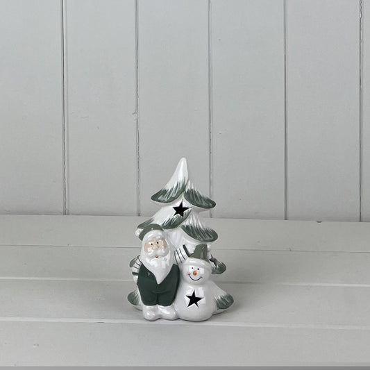 Green/White Ceramic Tree with Santa and Snowman Decoration with LED