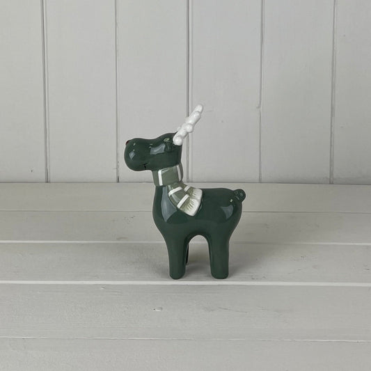 Dark Green/White Ceramic Reindeer Decoration