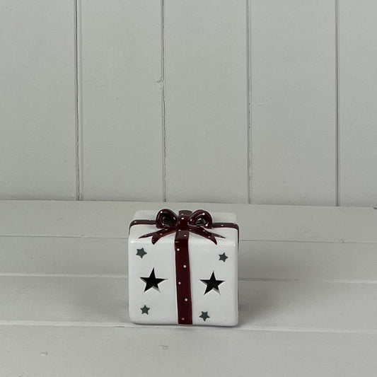 White Ceramic Present With Red Bow With LED