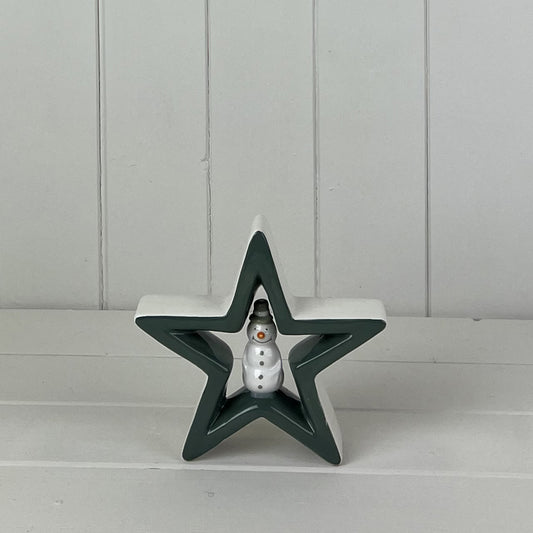 Dark Green Ceramic Star with Snowman Decoration