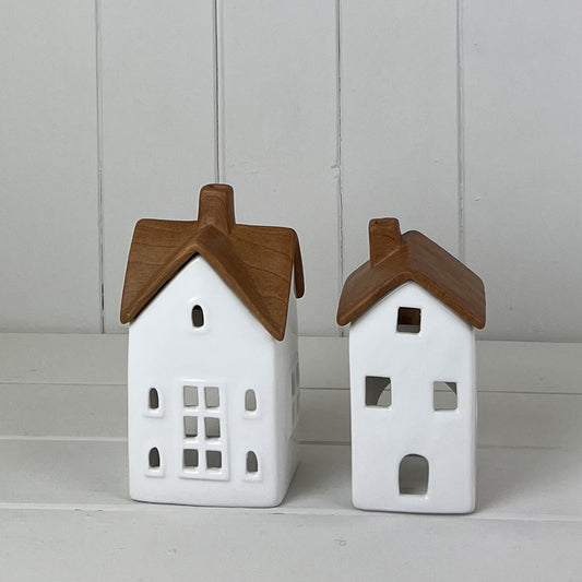 White/Wood Grain Effect Ceramic House Tealight Holder