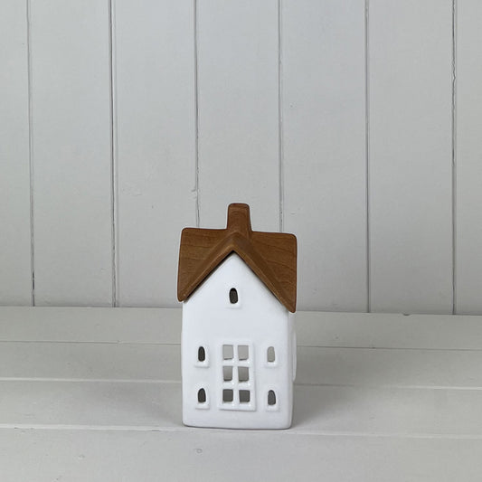White/Wood Grain Effect Ceramic House Tealight Holder
