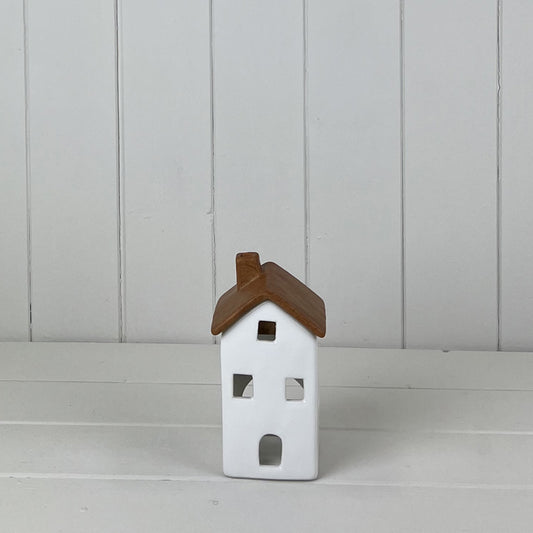 White/Wood Grain Effect Ceramic House Tealight Holder