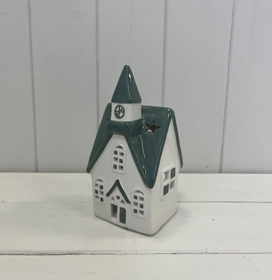 White/Green Ceramic House Tealight