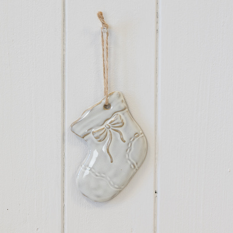 Ceramic Natural Hanging Stocking with Bow