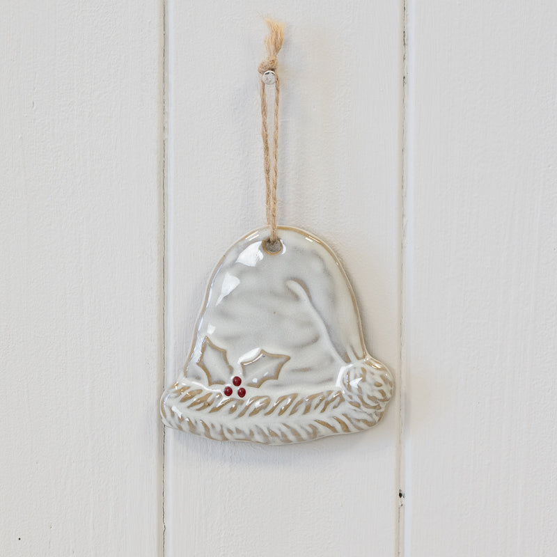 Ceramic Natural Hanging Santa Hat with Holly Leaf Detail