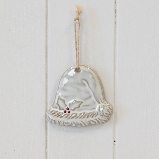 Ceramic Natural Hanging Santa Hat with Holly Leaf Detail