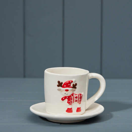 Red and White Ceramic Cup with Saucer