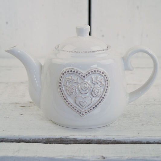 White Ceramic Teapot with Floral Heart Detail