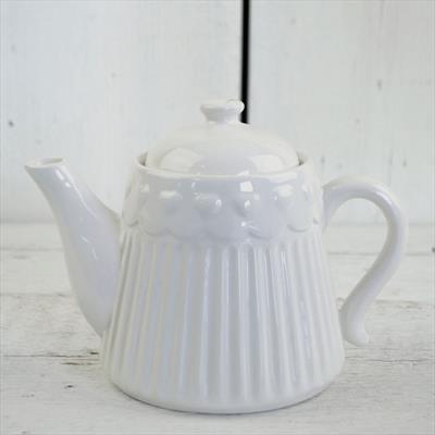 White Ribbed Ceramic Teapot with Heart Pattern