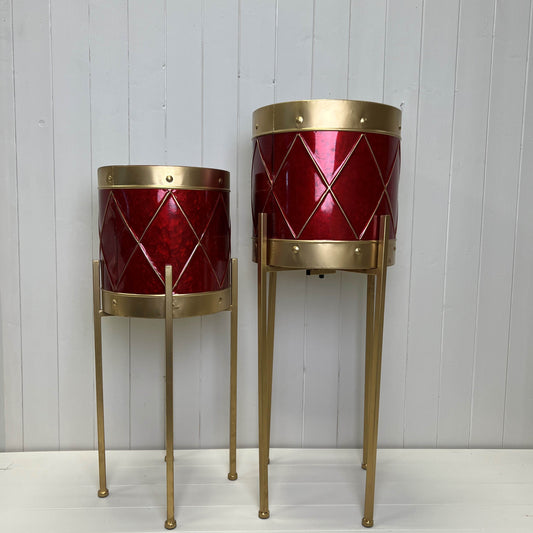 Red and Gold Metal Planter on Stand