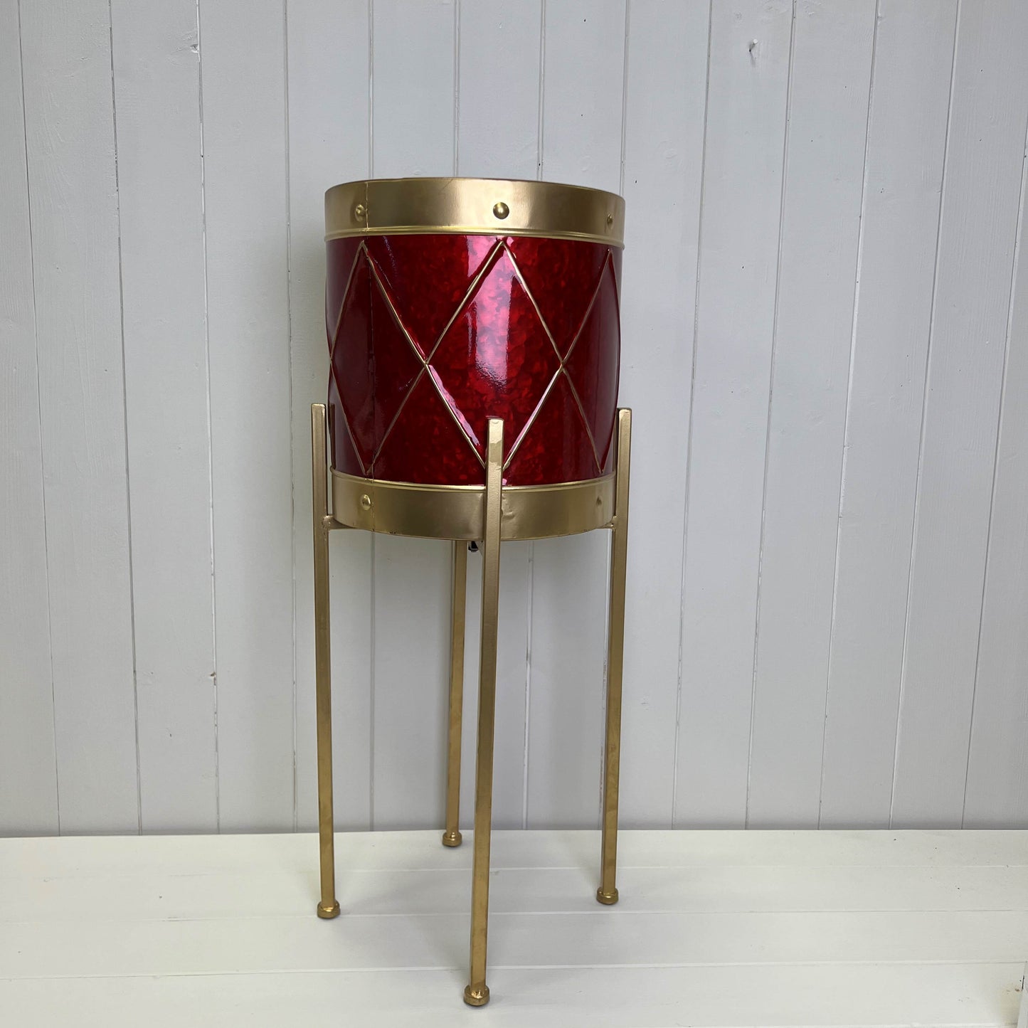 Red and Gold Metal Planter on Stand