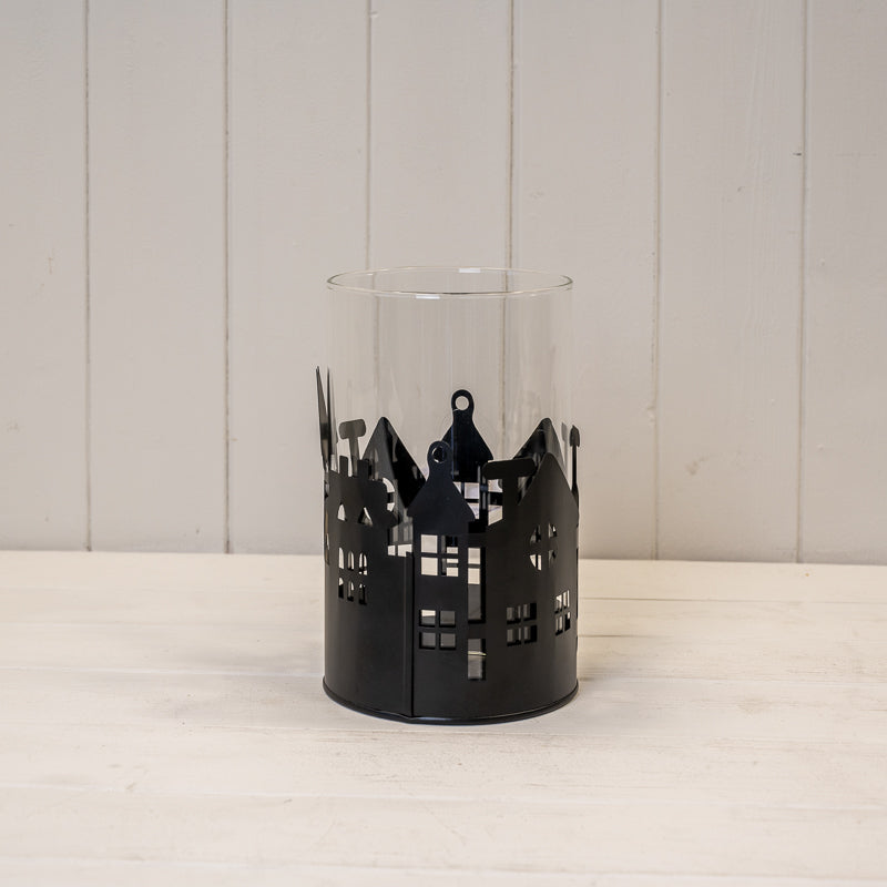 Black Metal House Scene Candle Holder With Glass Insert