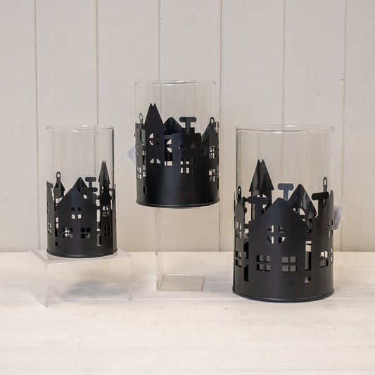 Black Metal House Scene Candle Holder With Glass Insert