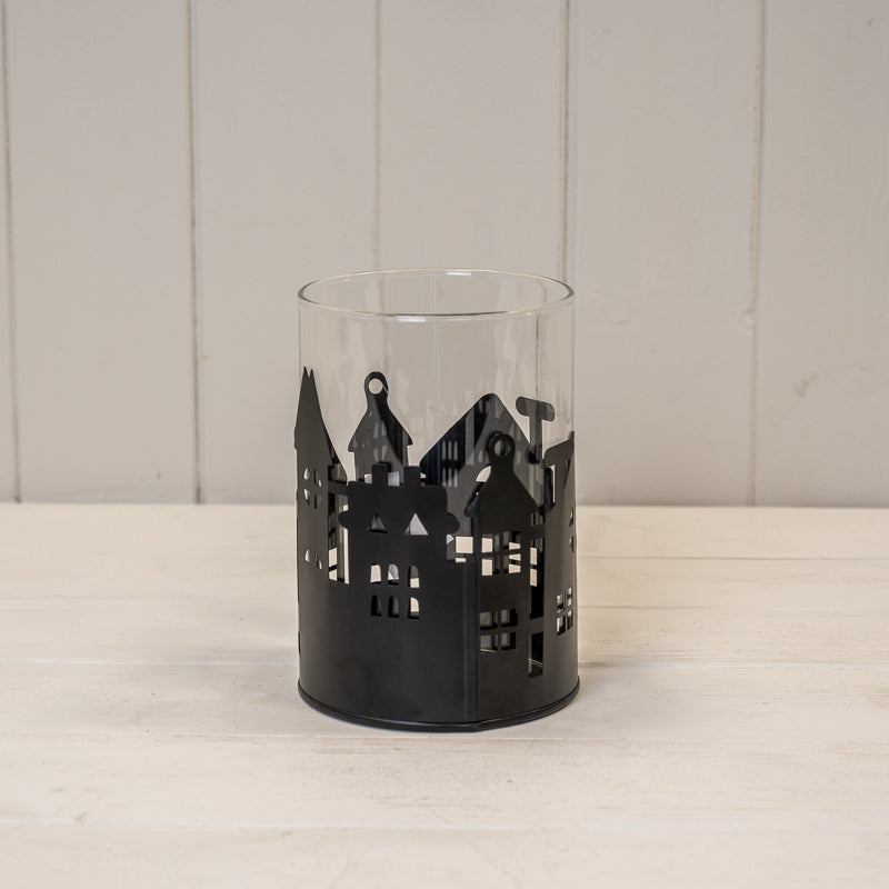 Black Metal House Scene Candle Holder With Glass Insert