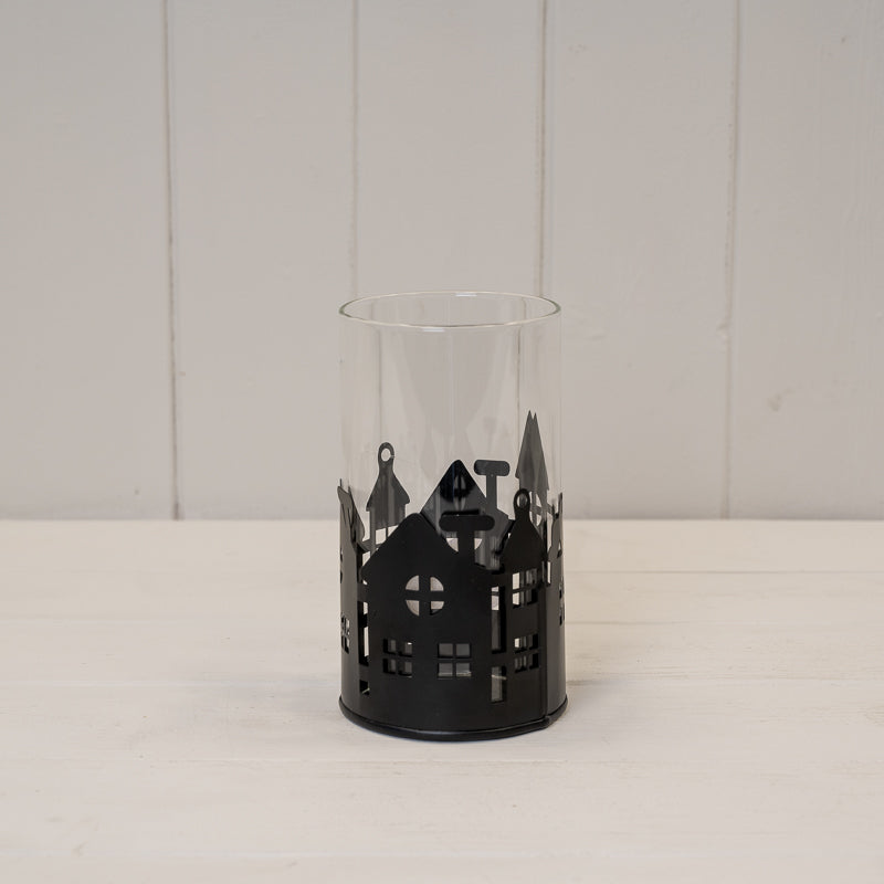 Black Metal House Scene Candle Holder With Glass Insert