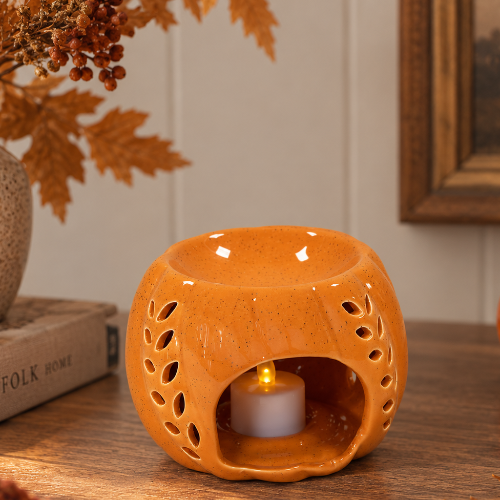 Orange Ceramic Wax Burner with Leaf Detail